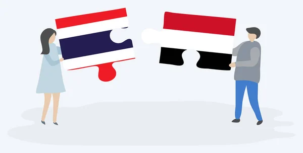 Casal Segurando Duas Peças Quebra Cabeças Com Bandeiras Tailandesas Iemenitas —  Vetores de Stock