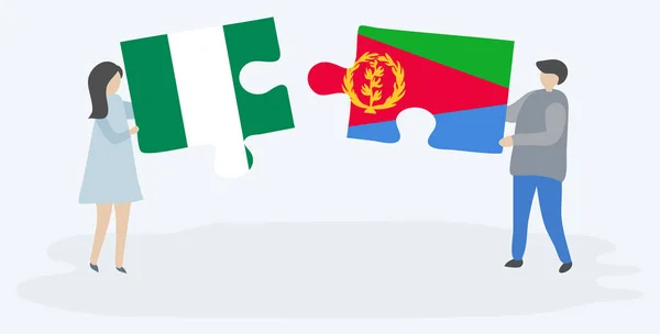 Pareja Sosteniendo Dos Piezas Rompecabezas Con Banderas Nigerianas Eritreas Nigeria — Vector de stock