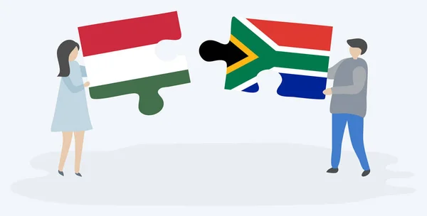 Ζευγάρι Που Κρατά Δύο Παζλ Ουγγρικά Και Νότια Αφρικανικά Σημαίες — Διανυσματικό Αρχείο