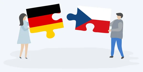 Couple Tenant Deux Pièces Puzzles Avec Des Drapeaux Allemands Tchèques — Image vectorielle