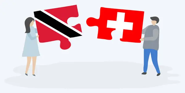 Para Trzyma Dwa Kawałki Puzzli Trynidadian Szwajcarskich Flag Trynidadu Tobago — Wektor stockowy