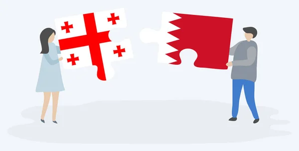 Pareja Sosteniendo Dos Piezas Rompecabezas Con Banderas Georgianas Bahreiníes Georgia — Vector de stock