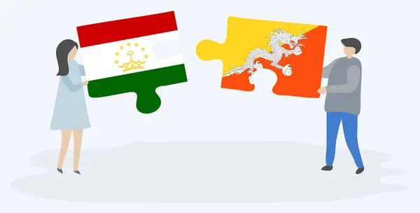 Dvojice Tádžické Bhútánskými Vlajkami Drží Dvě Skládanky Národní Symboly Tádžikistánu — Stockový vektor
