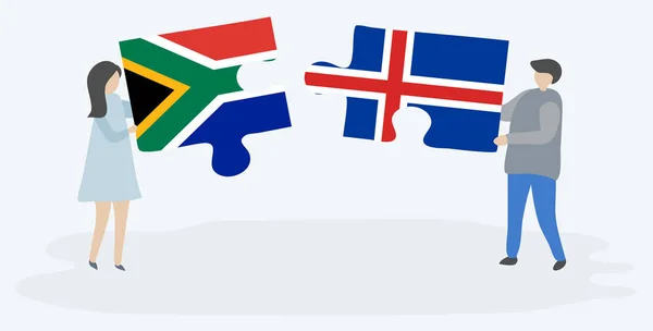 南アフリカとアイスランドの旗を持つ2つのパズルのピースを保持しているカップル 南アフリカとアイスランドの国のシンボル — ストックベクタ