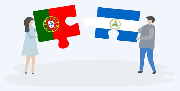 Couple Tenant Deux Pièces Puzzles Avec Des Drapeaux Portugais Nicaraguayens — Image vectorielle