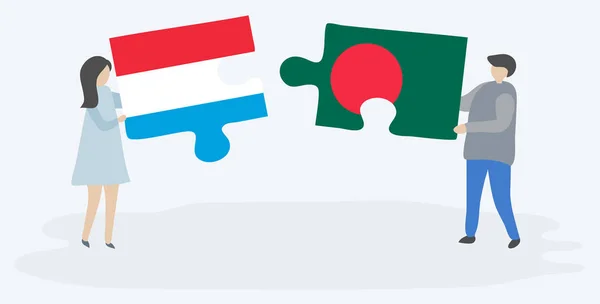 Pareja Sosteniendo Dos Piezas Rompecabezas Con Banderas Luxemburgo Bangladesh Luxemburgo — Archivo Imágenes Vectoriales