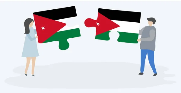 Pareja Sosteniendo Dos Piezas Rompecabezas Con Banderas Jordanas Jordanas Jordania — Archivo Imágenes Vectoriales