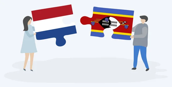 Ζευγάρι Που Κρατάει Δύο Κομμάτια Παζλ Σημαίες Ολλανδικών Και Λιλανγκένι — Διανυσματικό Αρχείο