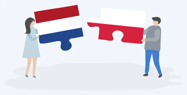 Ζευγάρι Που Κρατά Δύο Κομμάτια Παζλ Ολλανδικές Και Πολωνικές Σημαίες — Διανυσματικό Αρχείο