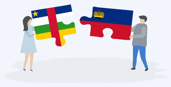 Pareja Sosteniendo Dos Piezas Rompecabezas Con Banderas África Central Liechtenstein — Vector de stock