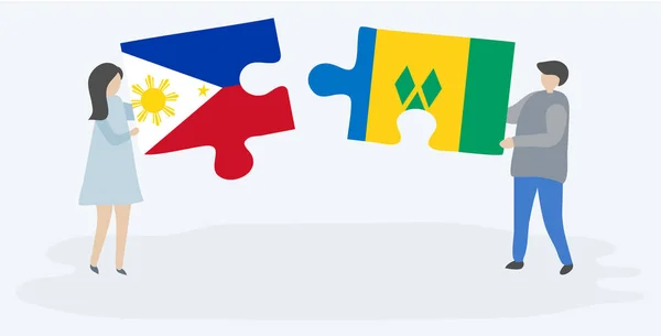 Paar Houden Twee Puzzels Stukken Met Filippijnse Vincentian Vlaggen Filipijnen — Stockvector