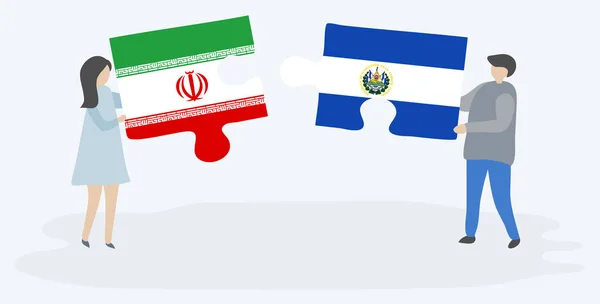 Couple Tenant Deux Pièces Puzzles Avec Des Drapeaux Iraniens Salvadoriens — Image vectorielle