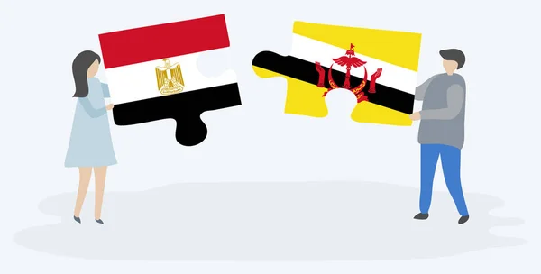 Dvojice Která Drží Dvě Skládanky Egyptskými Bruneianskými Vlajkami Egyptské Brunejské — Stockový vektor