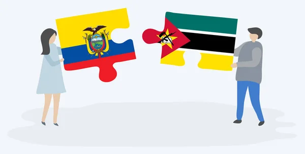 Couple Tenant Deux Pièces Puzzles Avec Des Drapeaux Équatoriens Mozambicains — Image vectorielle