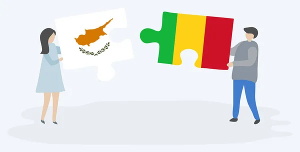 キプロスとマリの旗を持つ2つのパズルのピースを保持しているカップル キプロスとマリの国のシンボル — ストックベクタ