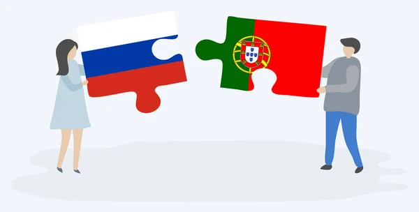 Couple Holding Two Puzzles Pieces Russian Portuguese Flags Russia Portugal — Stock Vector