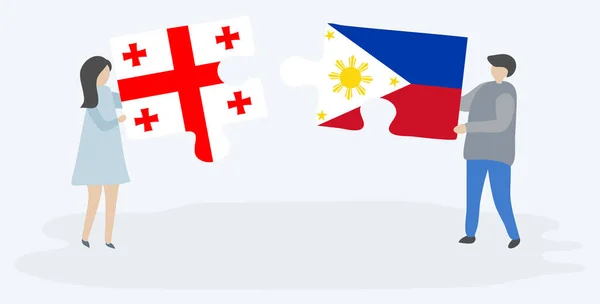 Couple Tenant Deux Pièces Puzzles Avec Des Drapeaux Géorgien Philippin — Image vectorielle