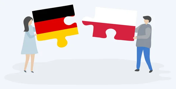 Pareja Sosteniendo Dos Piezas Rompecabezas Con Banderas Alemanas Polacas Alemania — Vector de stock