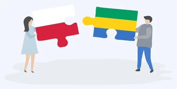 Paar Houden Van Twee Puzzels Stukken Met Poolse Gabonese Vlaggen — Stockvector