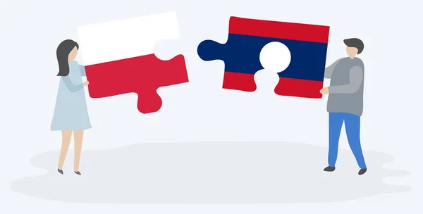 Couple Tenant Deux Pièces Puzzles Avec Des Drapeaux Polonais Lao — Image vectorielle