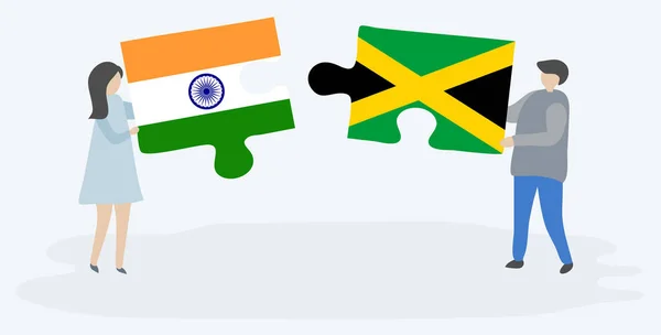 Couple Tenant Deux Pièces Puzzles Avec Des Drapeaux Indiens Jamaïcains — Image vectorielle