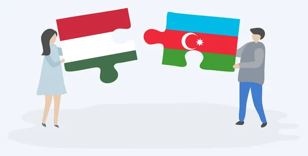 Couple Holding Two Puzzles Pieces Hungarian Azerbaijani Flags Hungary Azerbaijan — Stock Vector