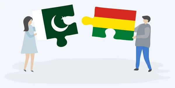 Couple Holding Two Puzzles Pieces Pakistani Bolivian Flags Pakistan Bolivia — Stock Vector