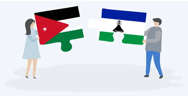 Paar Houden Twee Puzzels Stukken Met Jordanian Basotho Vlaggen Jordanië — Stockvector