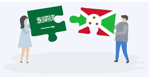 Couple Holding Two Puzzles Pieces Saudi Arabian Burundian Flags Saudi — Stock Vector