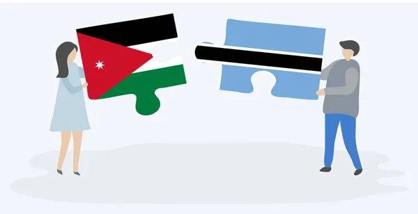 Casal Segurando Duas Peças Quebra Cabeças Com Bandeiras Jordanianas Motswana —  Vetores de Stock