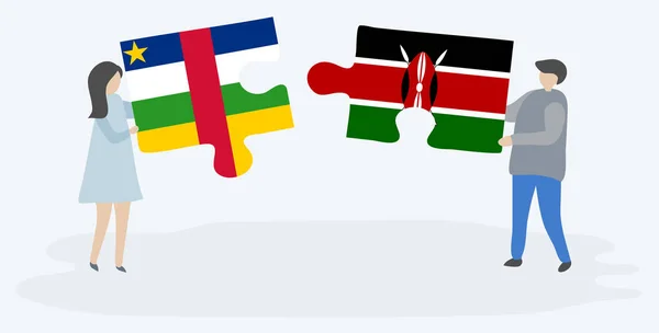 一对夫妇拿着两块带有中非和肯尼亚国旗的拼图 中非共和国和肯尼亚国家符号在一起 — 图库矢量图片