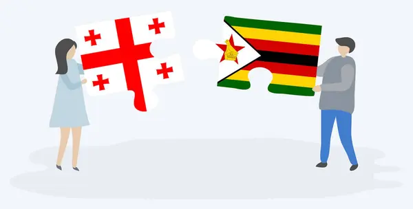 Gürcü Zimbabve Bayrakları Ile Iki Bulmaca Parçaları Tutan Çift Gürcistan — Stok Vektör