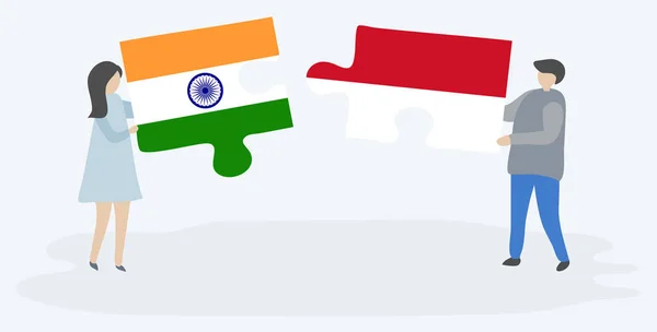 インドとインドネシアの旗を持つ2つのパズルのピースを保持しているカップル インドとインドネシアのシンボルが一緒に — ストックベクタ
