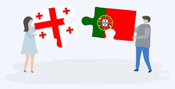 Paar Mit Zwei Puzzleteilen Mit Georgischen Und Portugiesischen Flaggen Georgien — Stockvektor