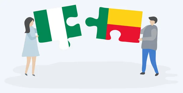 Ζευγάρι Που Κρατά Δύο Κομμάτια Παζλ Σημαίες Νιγηρίας Και Μπενίν — Διανυσματικό Αρχείο