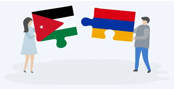Couple Tenant Deux Pièces Puzzles Avec Des Drapeaux Jordaniens Arméniens — Image vectorielle