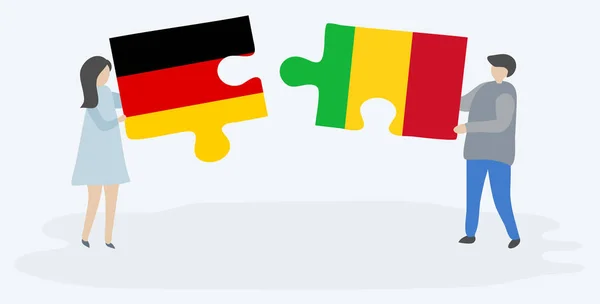 Couple Tenant Deux Pièces Puzzles Avec Des Drapeaux Allemands Maliens — Image vectorielle