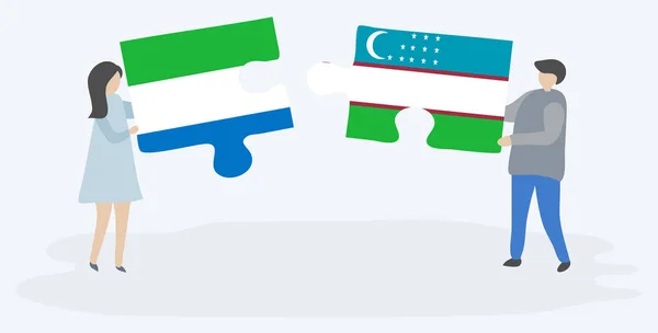 Couple Holding Two Puzzles Pieces Sierra Leonean Uzbek Flags Sierra — Stock Vector