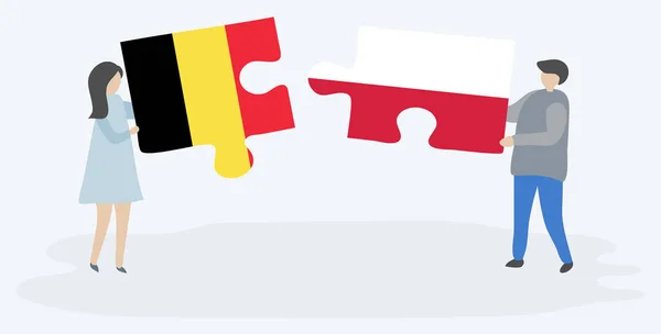 Casal Segurando Duas Peças Quebra Cabeças Com Bandeiras Belgas Polonesas — Vetor de Stock