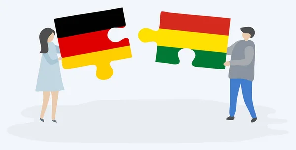 Pareja Sosteniendo Dos Piezas Rompecabezas Con Banderas Alemanas Bolivianas Alemania — Vector de stock