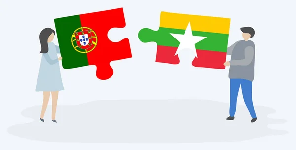 Couple Tenant Deux Pièces Puzzles Avec Des Drapeaux Portugais Birmans — Image vectorielle