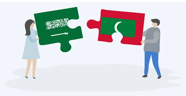 Pareja Sosteniendo Dos Piezas Rompecabezas Con Banderas Arabia Saudita Maldivas — Vector de stock