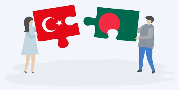 Türk Bangladeş Bayrakları Ile Iki Bulmaca Parçaları Tutan Çift Türkiye — Stok Vektör