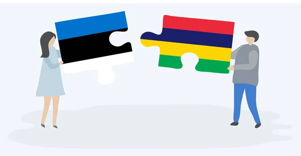 Pareja Sosteniendo Dos Piezas Rompecabezas Con Banderas Estonia Mauricio Estonia — Vector de stock