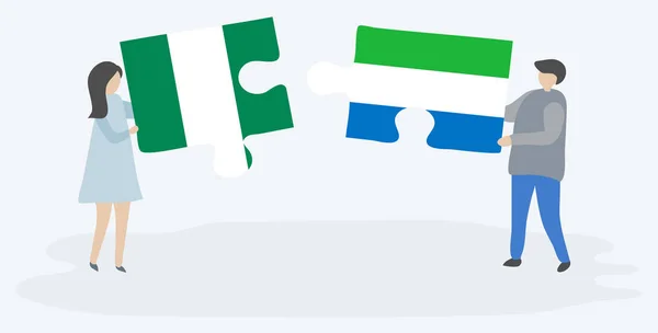 ナイジェリアとシエラレオネの旗を持つ2つのパズルのピースを保持しているカップル ナイジェリアとシエラレオネのシンボル — ストックベクタ
