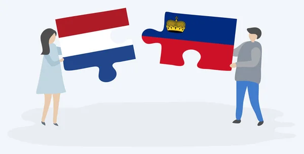 Couple Tenant Deux Pièces Puzzles Avec Des Drapeaux Néerlandais Liechtenstein — Image vectorielle