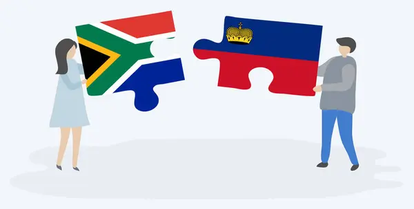 一对夫妇拿着两块拼图 上面挂着南非和列支敦士登国旗 南非和列支敦士登国家符号在一起 — 图库矢量图片