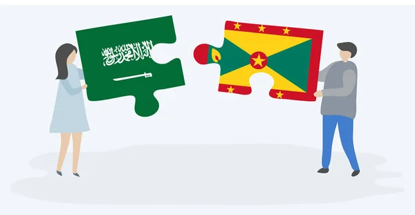 Paar Houden Twee Puzzels Stukken Met Saudi Arabian Grenadian Vlaggen — Stockvector