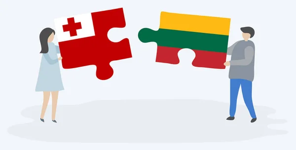 Casal Segurando Duas Peças Quebra Cabeças Com Bandeiras Tongan Lituanas — Vetor de Stock