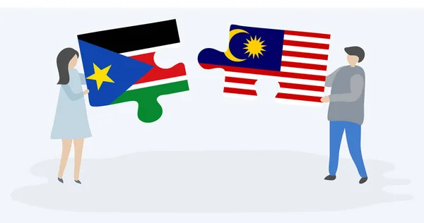 Dvojice Drží Dvě Skládanky Jihosúdánskými Malajskými Vlajkami Národní Symboly Jihosúdánu — Stockový vektor